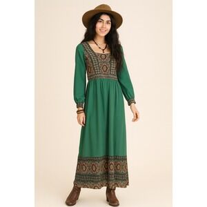 Womens Green Chiffon Vintage ‎ 70s Boho Hippie Festival Maxi Dress Size Small